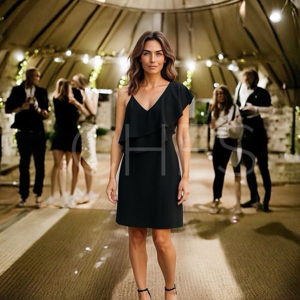 BEBE Dress Asymmetric Black Ruffle Detail Size 10 Party Cocktail Wedding LBD